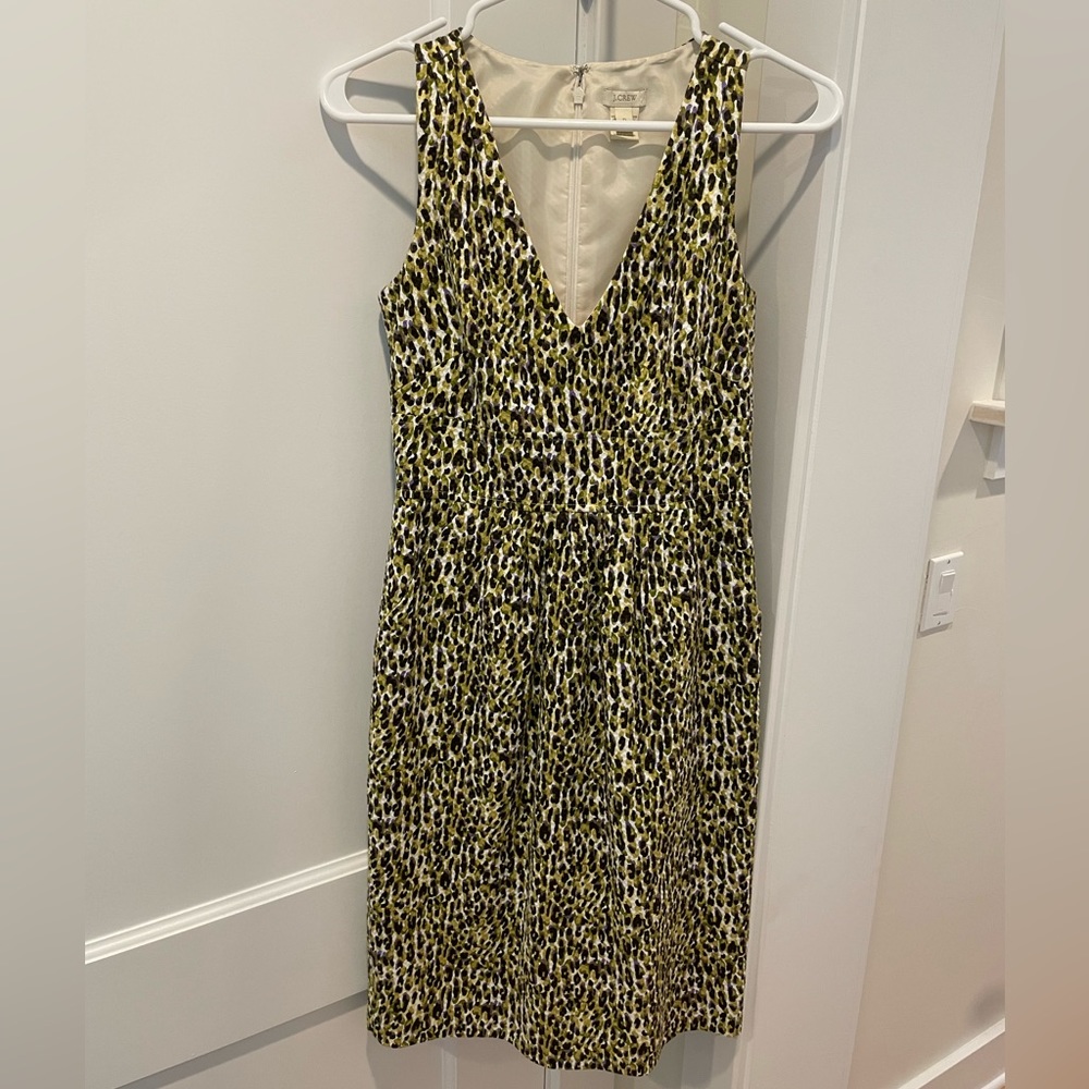 J Crew Fabiola sleeveless sheath dress cotton leopard print green purple GUC